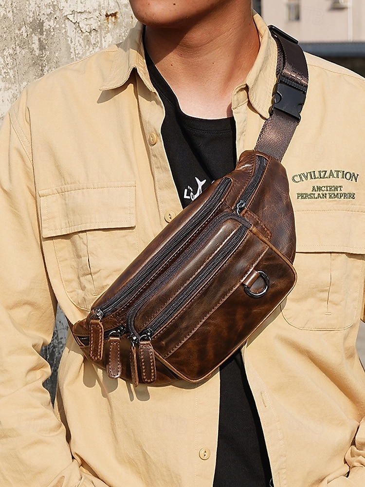 Men's Vintage Leather Sling Bag Fanny pack– Crossbody Chest Pack with Multiple Zipper Pockets, Adjustable Strap, Stylish Travel & Everyday Waist Bag Black Brown 2025 - $37.93 –P1
