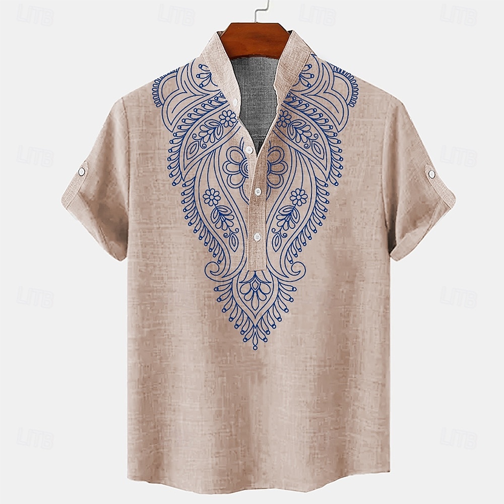 Men's Ethnic Linen Shirt Summer Shirt Short Sleeve Casual Tribal Vacation Daily Summer Spring Mandarin Collar Print Green Khaki Gray 2026 - $28.99 –P5