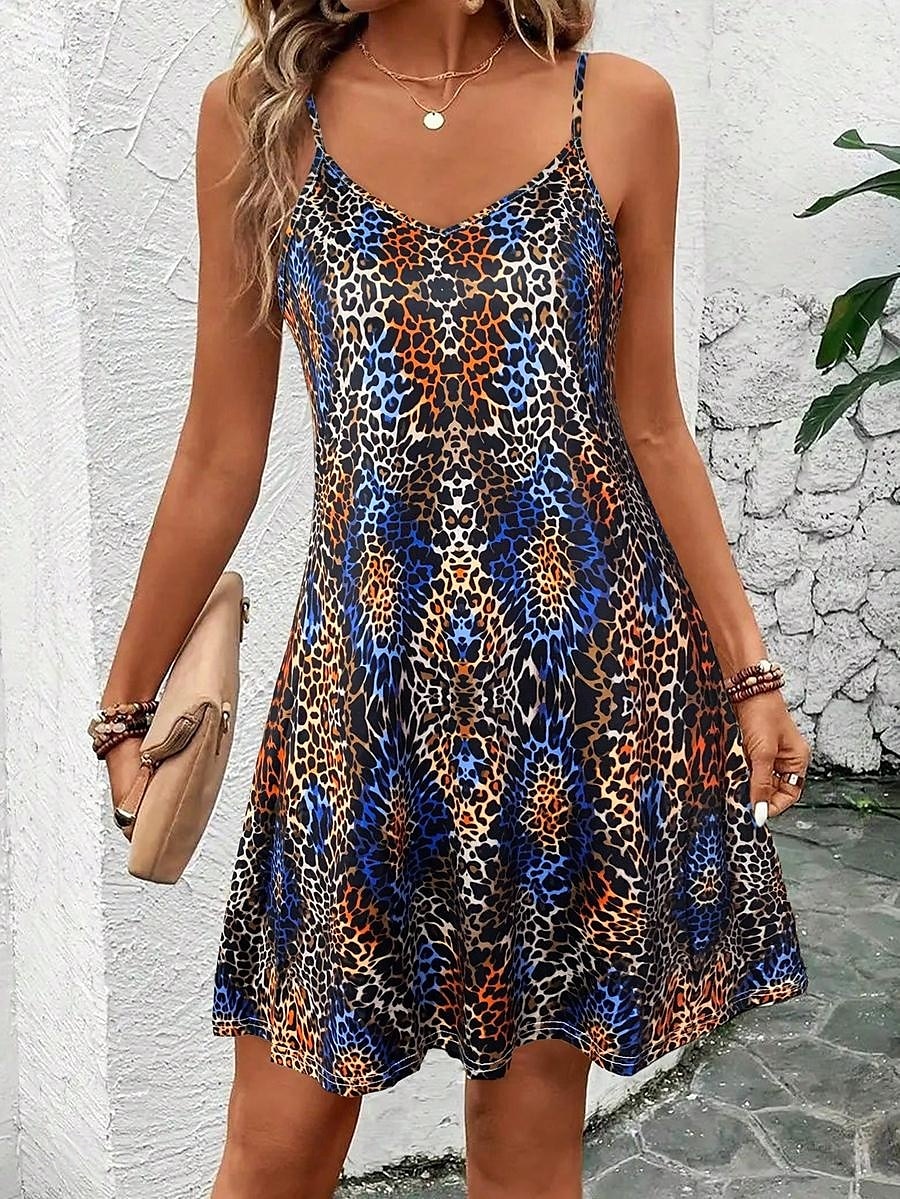 Dame Mini kjole Kjole med A-linje Slipkjole Off The Shoulder-kjole Ferie Fritid Feriereise Daglig Normal Grafisk Leopard Ermeløs V-hals Kongeblå Blå Lilla Grønn Sommer 2025 - $21.99 –P1