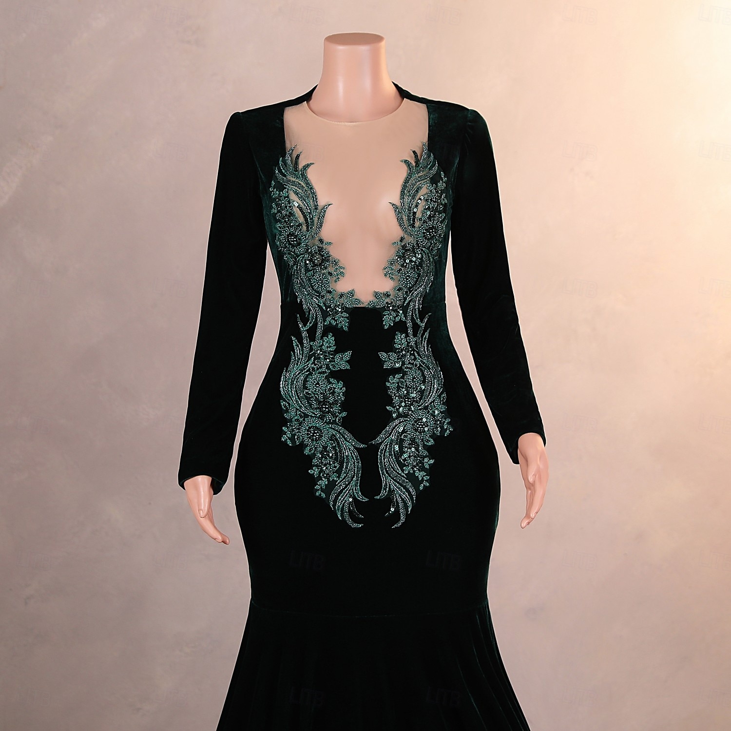 Meerjungfrau  Trompeten-Abendkleid Elegantes Kleid Formelles Prom-Kleid mit Schleppe Langarm Rundhalsausschnitt Samt mit Applikationen 2025 - $179.99 –P1
