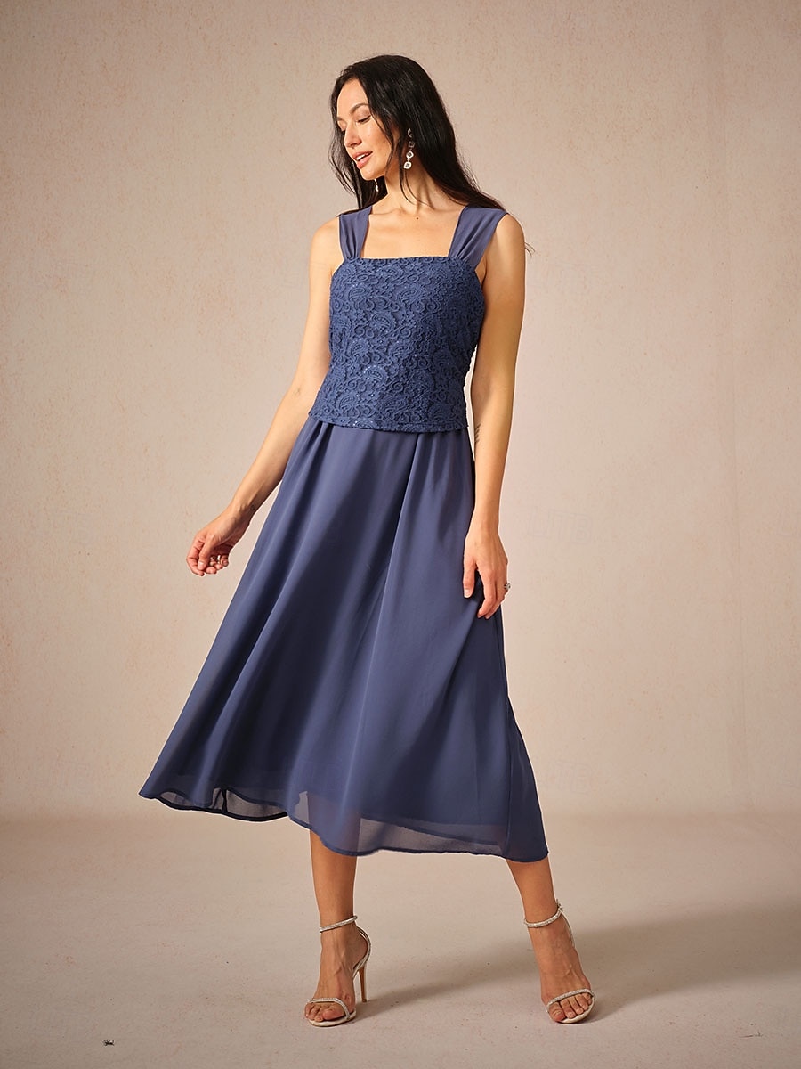 Dámské Délka čaje Áčkové šaty Šaty s bundou Elegantní Semiformální šaty Svatební host Běžný Pevná barva 3/4 délka rukávu Hranatý Námořnická modř Léto Jaro Podzim 2025 - $55.99 –P8