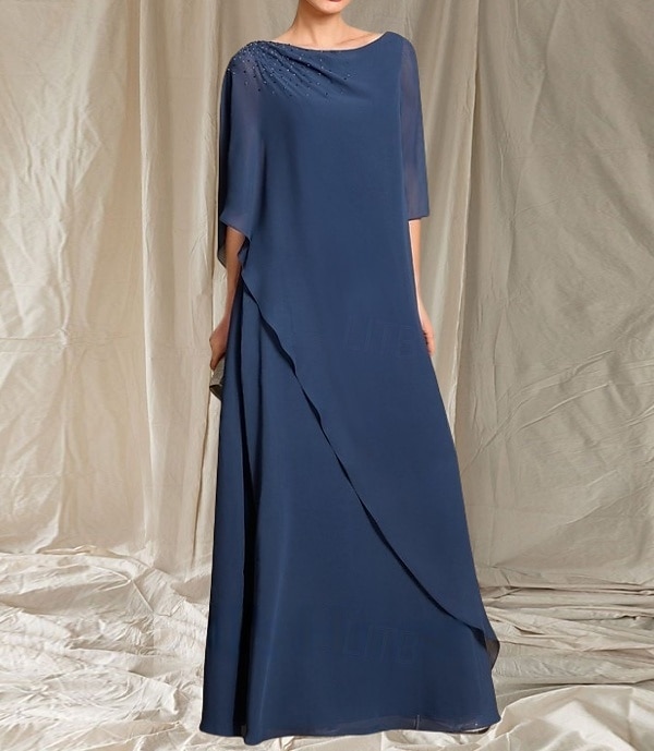 A-linja Morsiamen äidin mekko Häiden vieras Elegantti Crew-kaula-aukko Lattianpituinen Chiffon 3/4-pituisella hihalla Helmiäistyksellä 2025 - $167.99 –P4