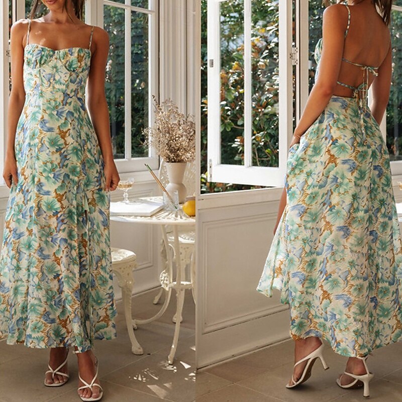 Per donna Abito Midi Abito da laurea Abito Floreale Abito Sottoveste Moda Compleanno Data Uscire Vestibilità regolare Fiore Senza Maniche Spalline sottili Verde Estate del 2025 a $24.99 –P1