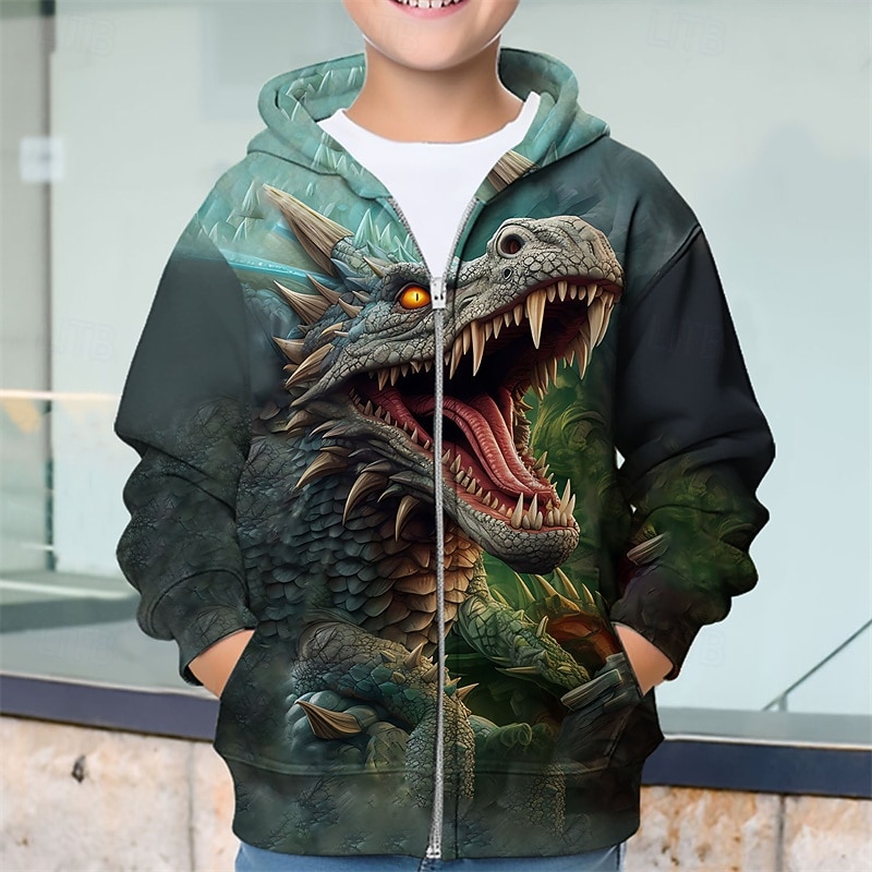 Pojkar 3D Dinosaurie Huvtröja Kappa Ytterkläder Långärmad Vår Höst Förtjusande Sport Barn 4-12 år Blixtlås Gata Dagligen Normal 2025 - $18.99 –P2