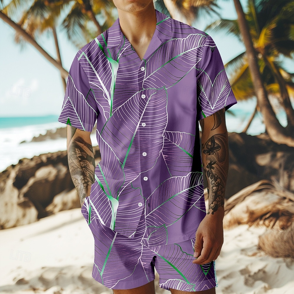 Férfi Fák / falevelek 2db Ingek készletek Hawaii ing Rövid ujjú Rövid nadrág Kubai nyakörv Szabadság Parti Hétköznapi Napi 3D nyomtatás Nyár Kék tó Ibolya Zöld 2025 - $32.99 –P5