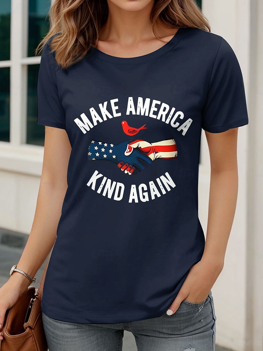 T-shirt patriotique pour femme graphique drapeau lettre décontracté à manches courtes col rond haut régulier impression quotidienne noir blanc bleu marine vert été de 2025 ? $19.99 –P4