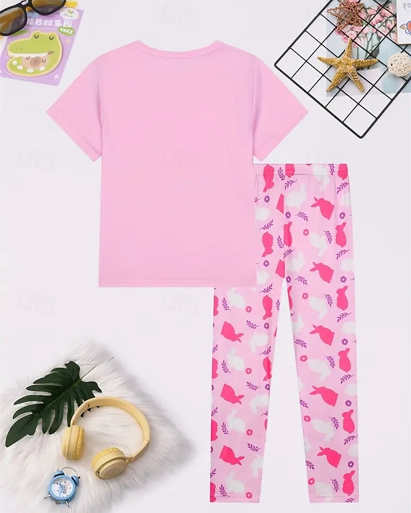 Easter Girls' 3D Graphic Rabbit Pajama Sets Tee & Pants Pajama Sets Short Sleeve 3D Print Summer Spring Active Basic Kids 4 years+ Crew Neck Home Daily Regular Fit 2025 - $17.99 –P2