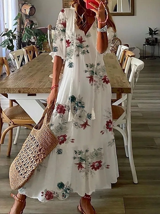 Dámské Dlouhé šaty Maxi šaty Boho šaty Šaty s potiskem Šaty Peplum Romantické Klasické Elegantní šaty Nahoře nabírané Dovolená Jdeme ven Jarní šaty Volný Grafika Květiny Poloviční rukáv Do V Bíl 2025 - $24.99 –P7