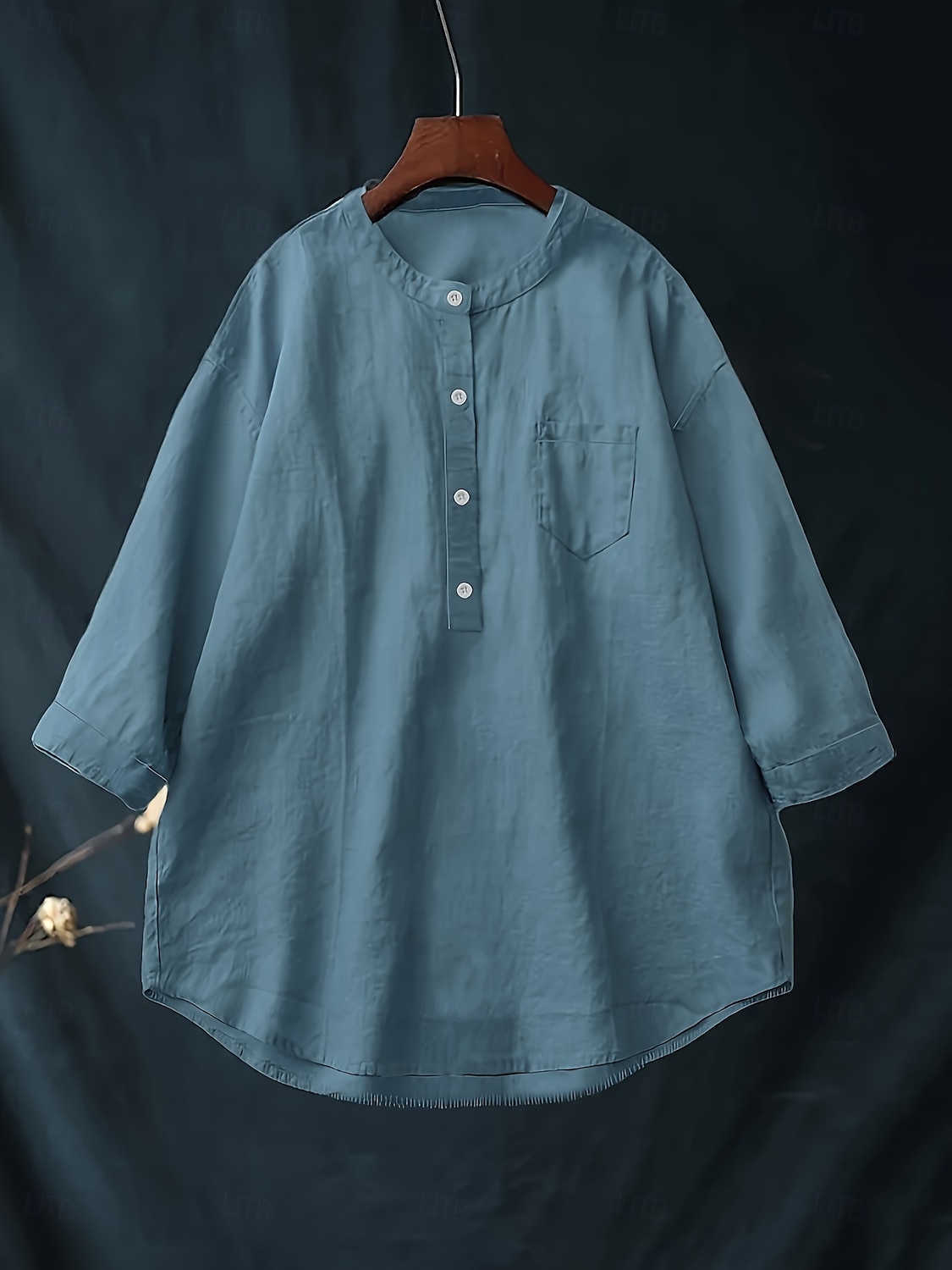 Women's Plus Size Linen-Inspired Shirts Blouse Solid Color Casual 3/4 Length Sleeve Shirt Collar Regular Tops Daily Blue Spring & Fall 2025 - $32.99 –P1