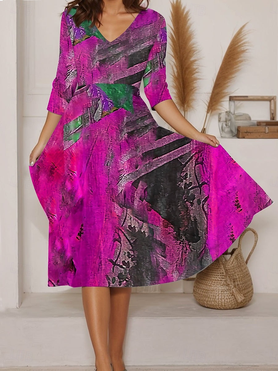 Frauen Maxi Kleid A-Linie Kleid Sommer Kleid Urlaub Lässig Alltag Reguläre Passform Grafik Abstrakt Lange Ärmel V-Ausschnitt Blau Lila Orange Sommer 2025 - $36.99 –P3