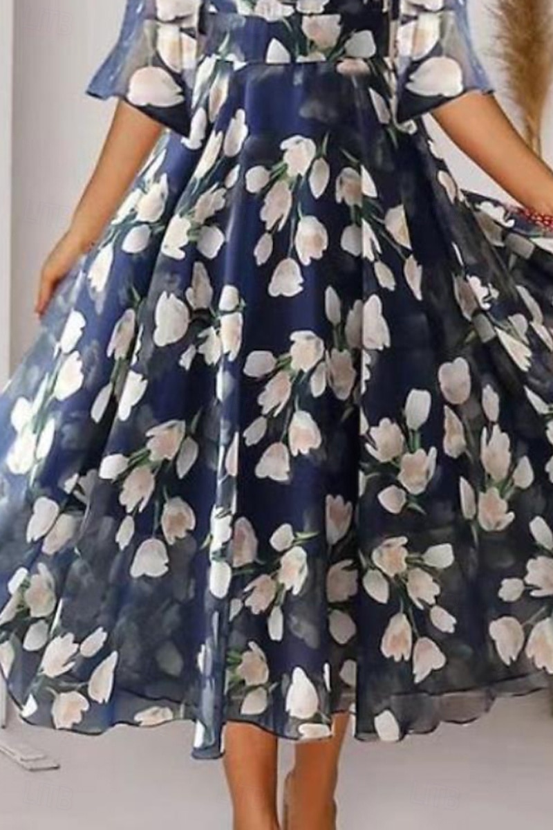 Dames Halflange jurk Swingjurk Jurk met print Modieus Buiten Uitgaan Weekend Normale pasvorm Bloem Halve mouw V-hals blauw Zomer 2025 - $21.99 –P3