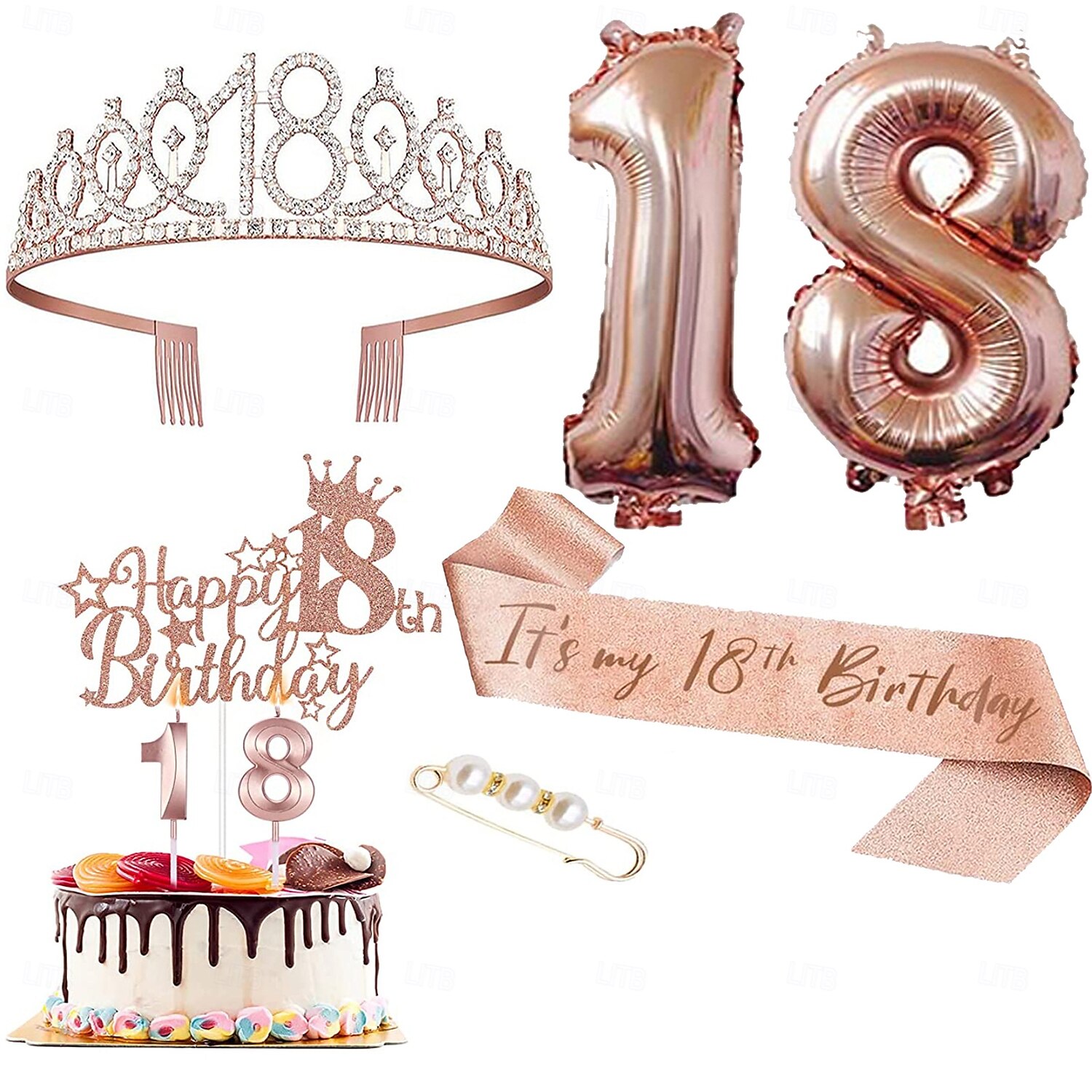 set deluxe da 6 pezzi per festa di compleanno in oro rosa - numeri di palloncini (10-80), tiara, fascia, candeline per torta, cake topper - per bambine & donne del 2025 a $13.99 –P9