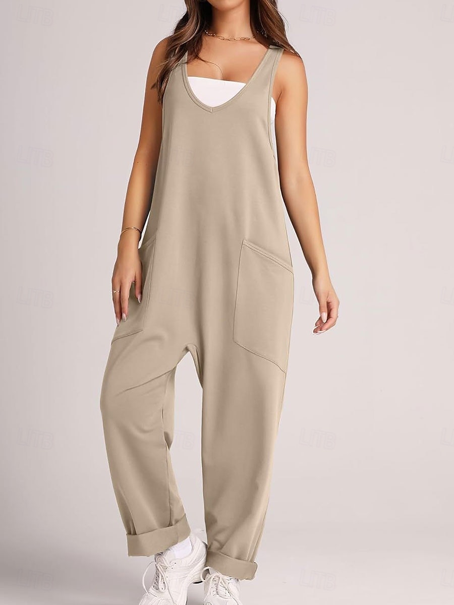 Kvinne Jumpsuit Aktiv Solid Farge Uten Ermer V-Hals Lomme Ferie Daglig Regulær Passform Svart Rosa Armégrønn Sommer 2025 - $28.99 –P23