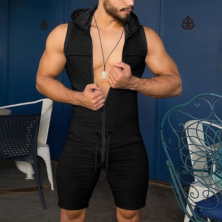 Homme Body Débardeur à capuche et short Sans manches Fermeture éclair Été Uni Sexy Occasionnel Une pièce À capuche Vacances Vert Armée Noir Gris T-shirt haut de gamme pour homme de 2025 ? $23.99 –P9