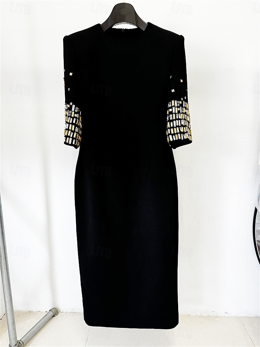 Kleid Brautmutter Kleid Elegantes Partykleid Rundhalsausschnitt Knielang Baumwollmischung Halblangarm mit Perlen Midi Kleid 2025 - $136.99 –P3