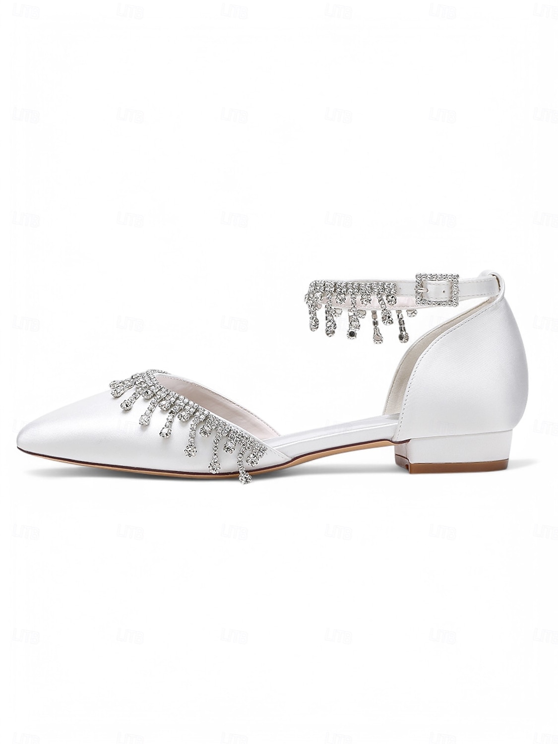 Escarpins de mariage à bride cheville en satin blanc - chaussures de mariée à bout pointu avec détail goutte de cristal de 2025 ? $64.99 –P2