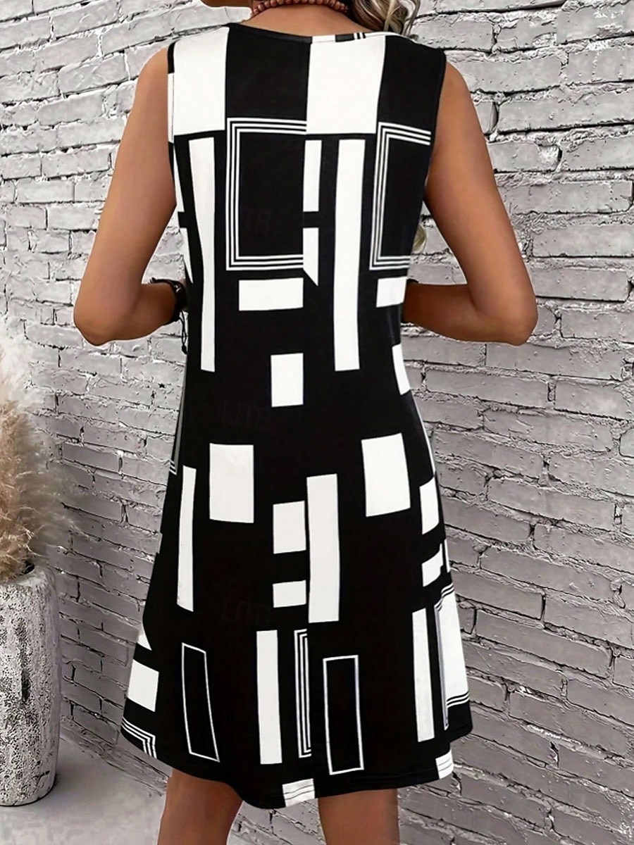 Damen Mini Kleid A-Linien Kleid Sommer Kleid Schulterfreies Kleid Urlaub Lässig Täglich Lockere Passform Grafik Geometrisch Ärmellos U-Ausschnitt Schwarz Sommer 2025 - $21.99 –P2