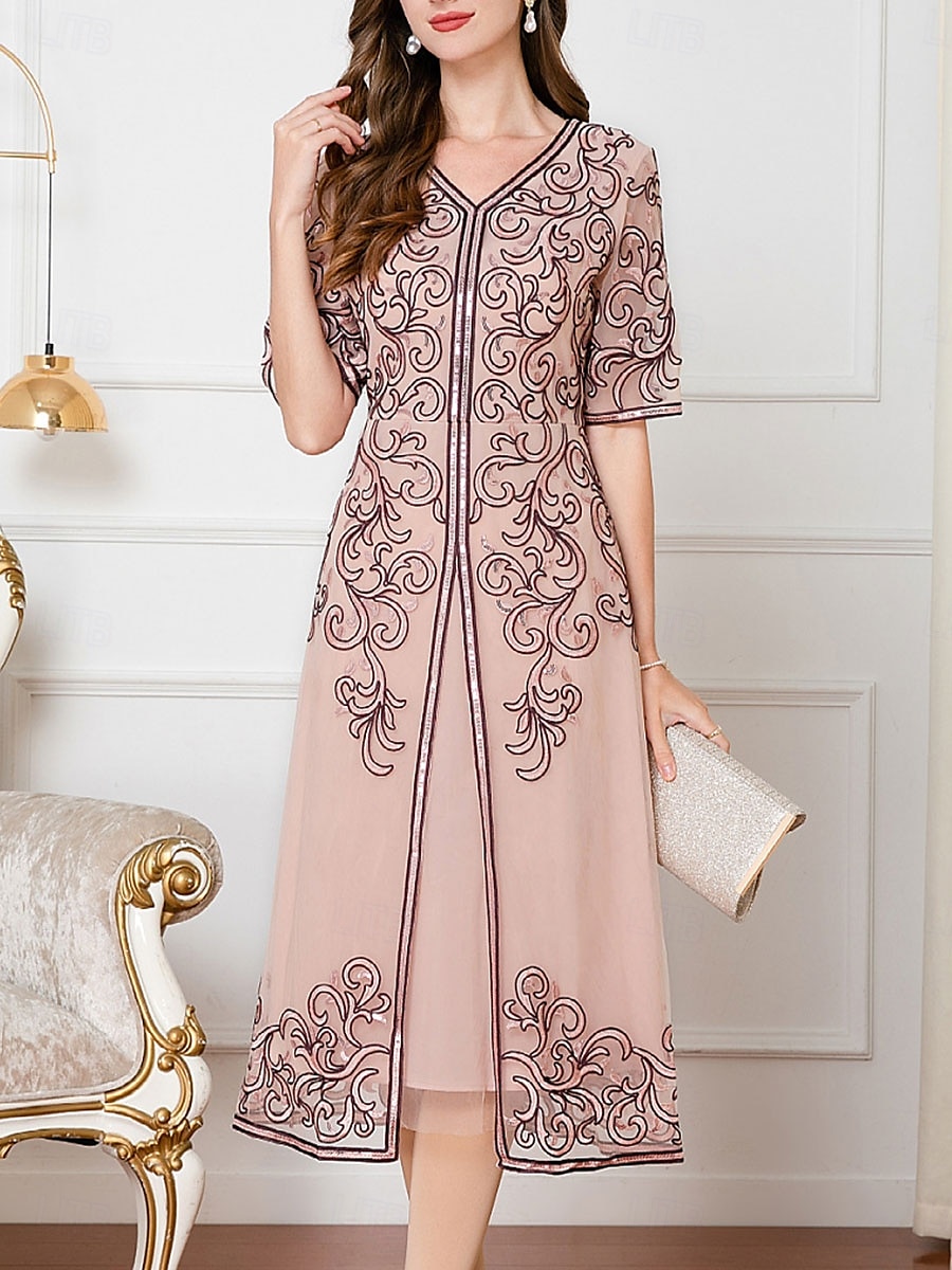 Robe Robe de Mère de Mariée  robe demoiselle d honneur Élégant Style Chinois Col en V Mi-long Polyester Mélange de coton Demi Manches avec Broderie 2025 de 2025 ? $119.99 –P1