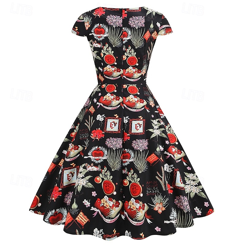 Lata 50. Retro / vintage Rockabilly Do kolan Sukienka kopertowa Sukienka huśtawka Rozkloszowana sukienka Normalny Krótki kimonowy Kwiaty Obcisła i rozszerzona Huśtawka wisząca W serek Strój na bal 2026 - $32.99 –P18
