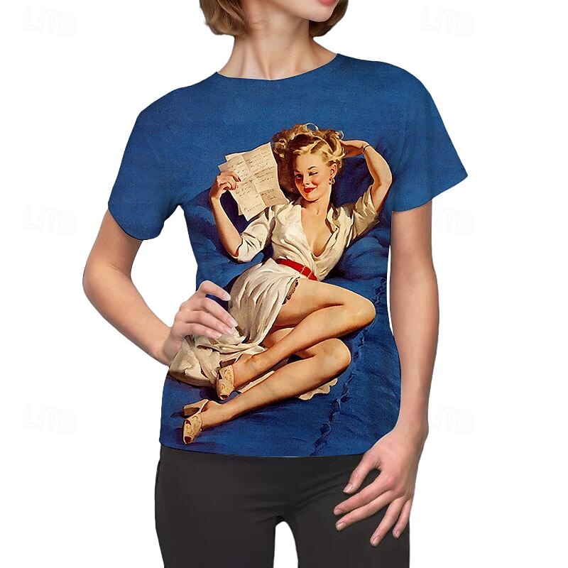 2025年 Ｔシャツ(21) レトロポスター レトロガール グラフィック柄 用途 女性用 成人 マスカレード 3Dプリント バケーション パーティー  コレクション – GBP £10 –P5