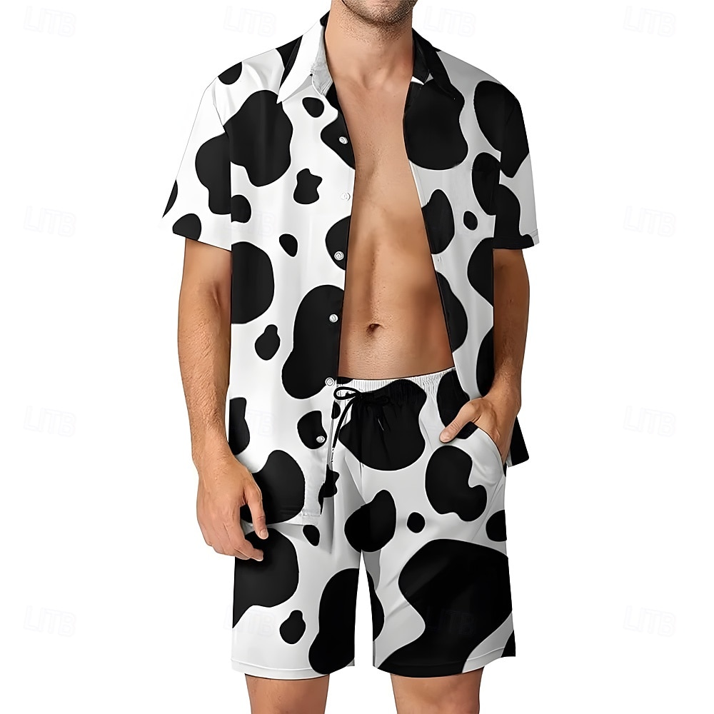 Herren Farbblockmuster 2St Hemden-Sets Freizeithemd Kurzarm Kurze Hosen Umlegekragen Alltagstauglich Outdoor Heim Lässig 3D-Druck Sommer Schwarz / Weiß 2025 - $37.99 –P1