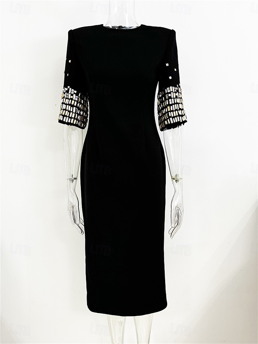 Kleid Brautmutter Kleid Elegantes Partykleid Rundhalsausschnitt Knielang Baumwollmischung Halblangarm mit Perlen Midi Kleid 2025 - $136.99 –P2