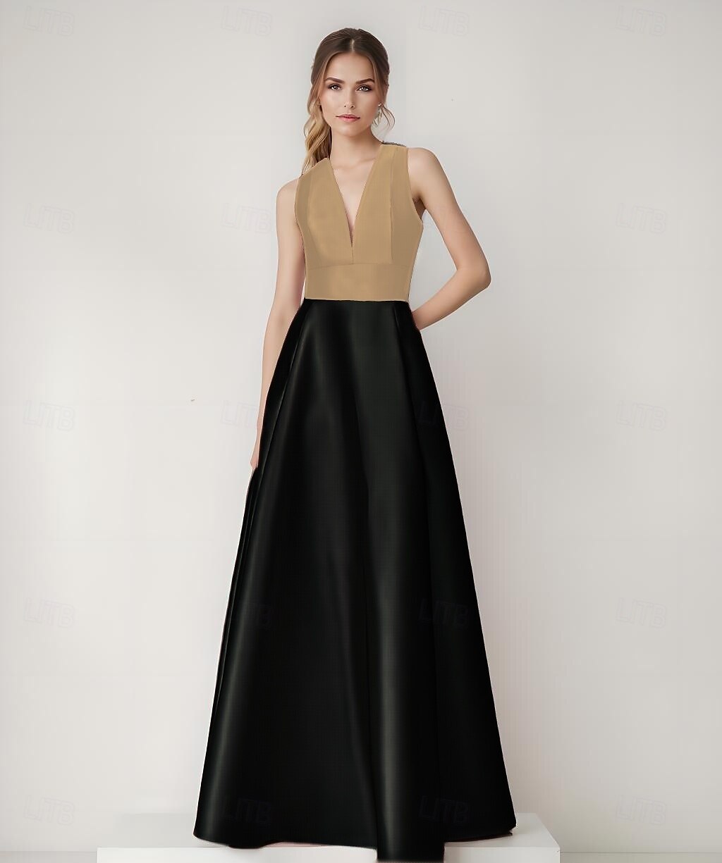 Vestido de noite em linha A, elegante, com blocos de cores, costas vazadas, formal, casamento, comprimento até o chão, sem mangas, decote em V, cetim com bolso lateral 2025 de 2025 por $148.99 –P6