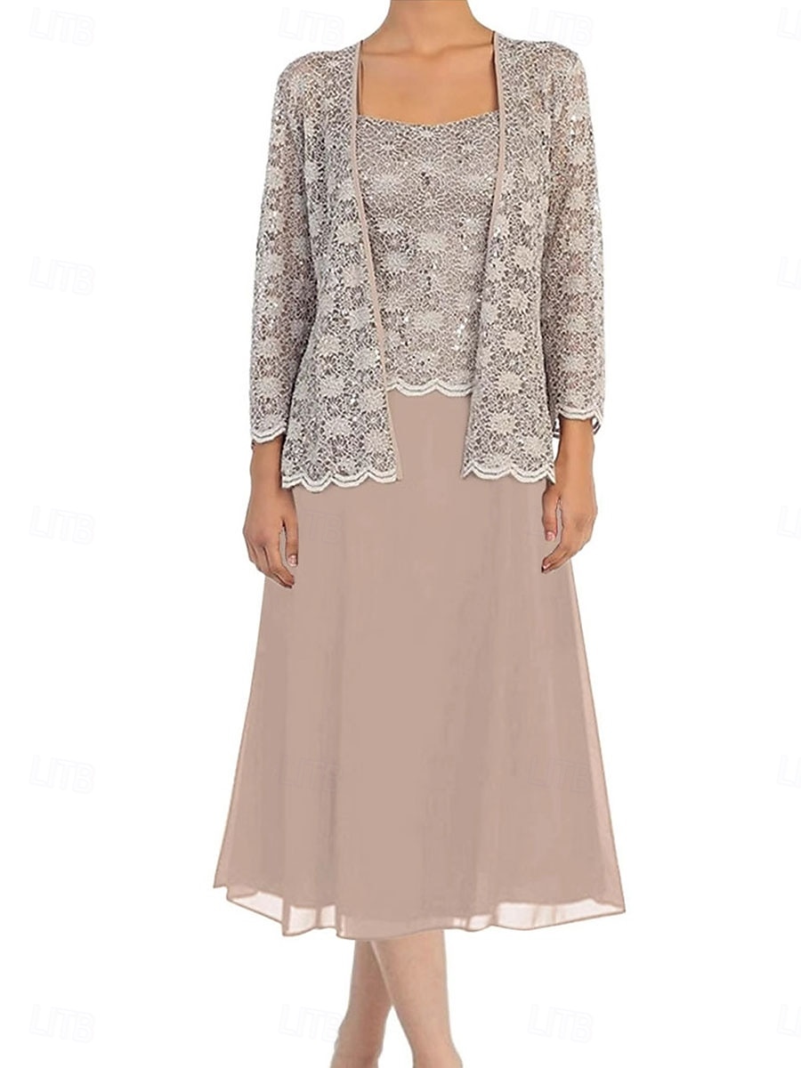 Ensembles de Robes Robe de Mère de Mariée  Élégant Simple Une Épaule Longueur thé Polyester manche longue avec Dentelle Couleur Unie 2025 de 2025 ? $101.99 –P1
