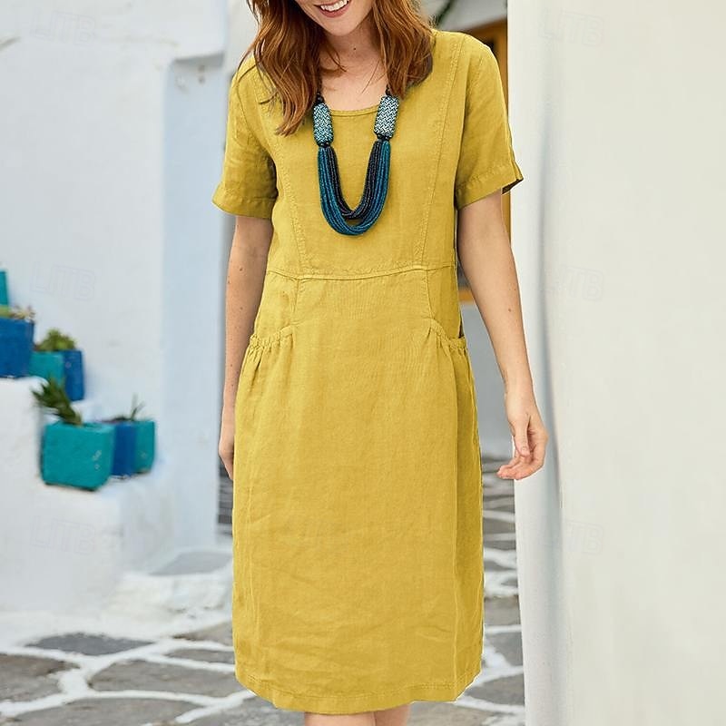 Femmes Mini Robe Robes inspirées du lin Robe en coton et lin Mode Basique Moderne Vacances Quotidien Sortir Coupe régulière Uni Manche Courte Col ras du cou Jaune Orange Vert Gris Été de 2025 ? $32.99 –P3