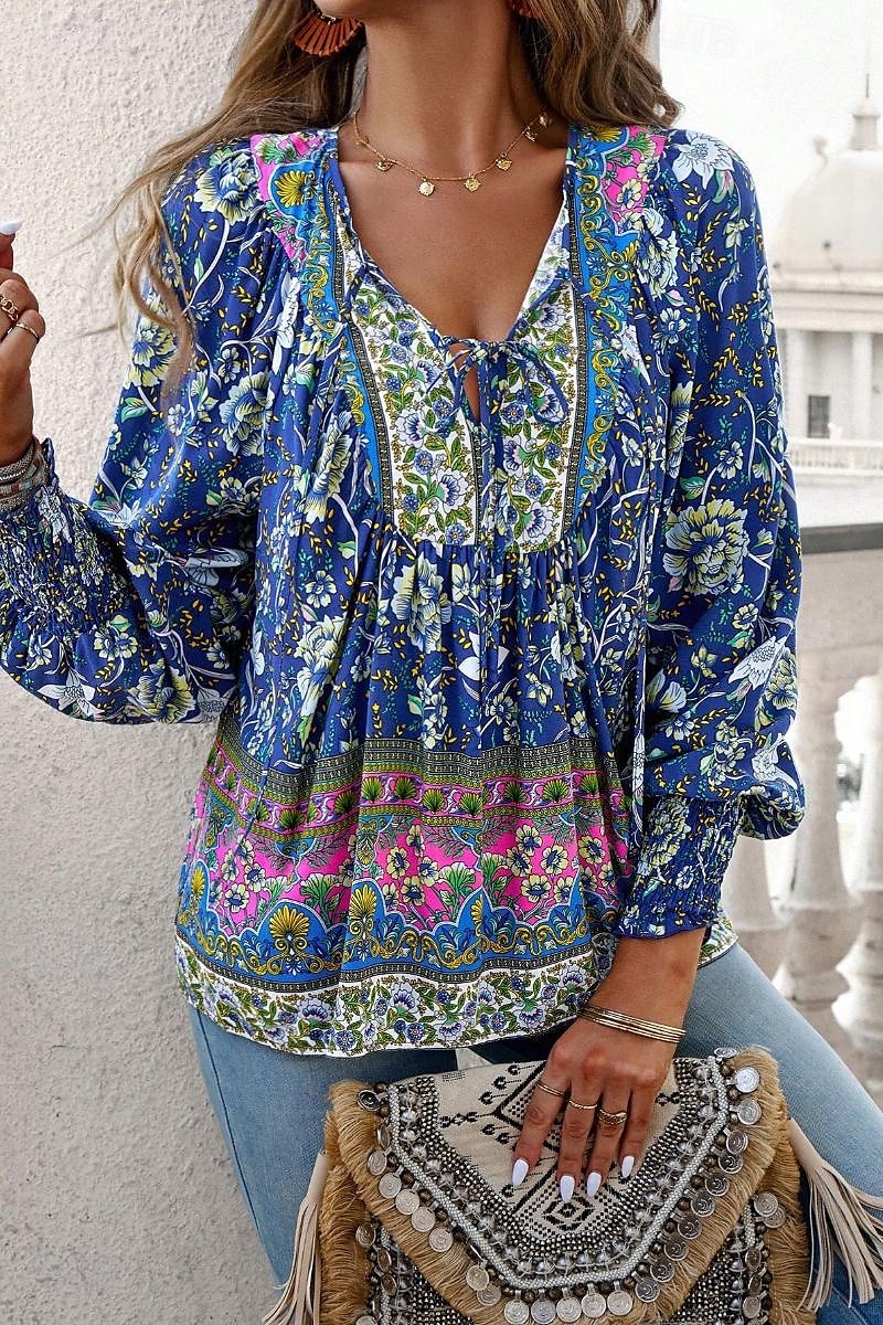 Dame Skjorte Bluse Blomsternål i krystall Daglig Stilfull Fritid Langermet V-hals Vanlige topper Daglig Ferie Trykt mønster Rosa Navyblå Blå Aprikos Vår 2025 - $29.99 –P3