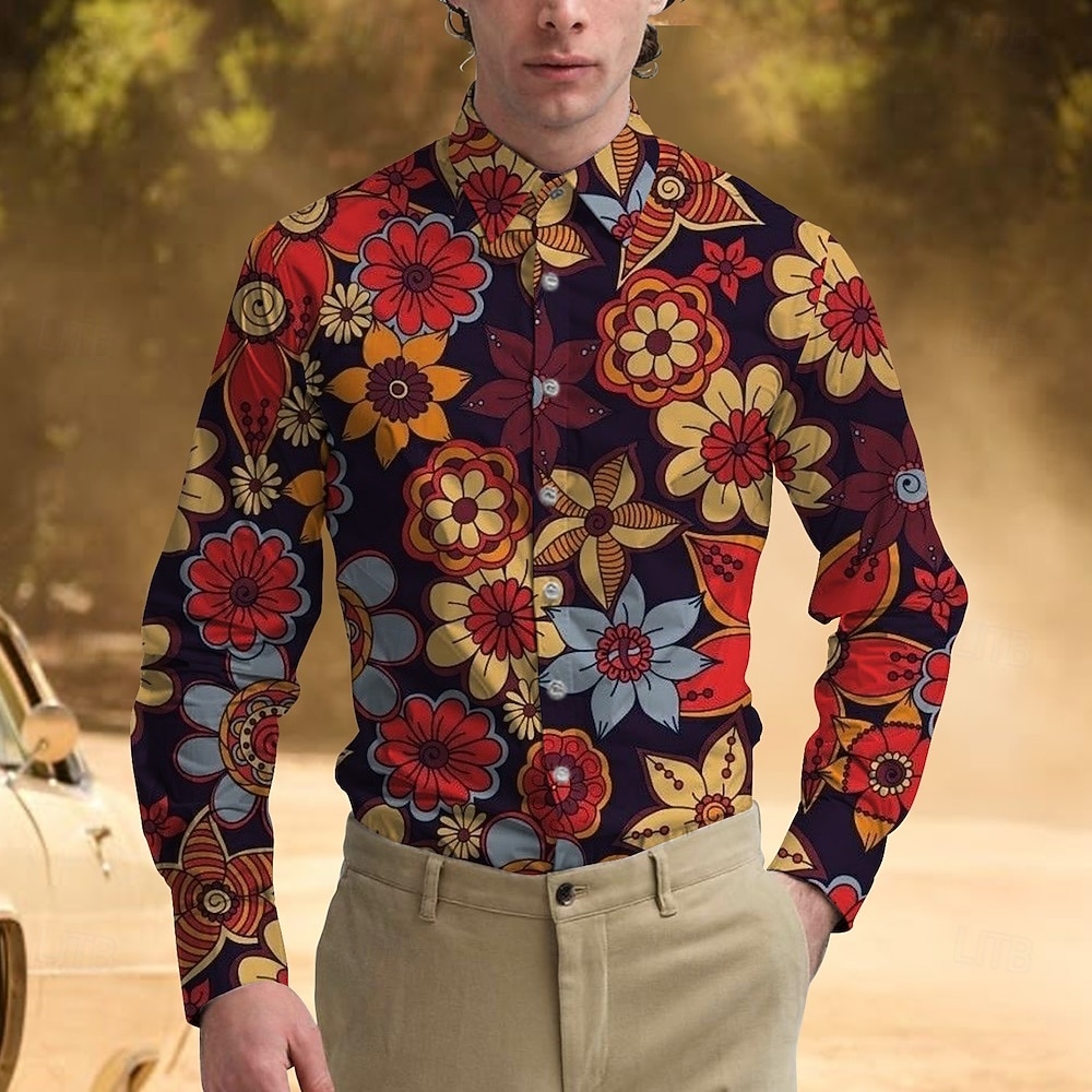 Retro / vintage 1970erne قميص Aloha skjorte Hippie Blomstret Kostyme Herre Maskerade Fest Dagligdagstøy Pride-parade Voksne Trøye 2026 - $23.99 –P3