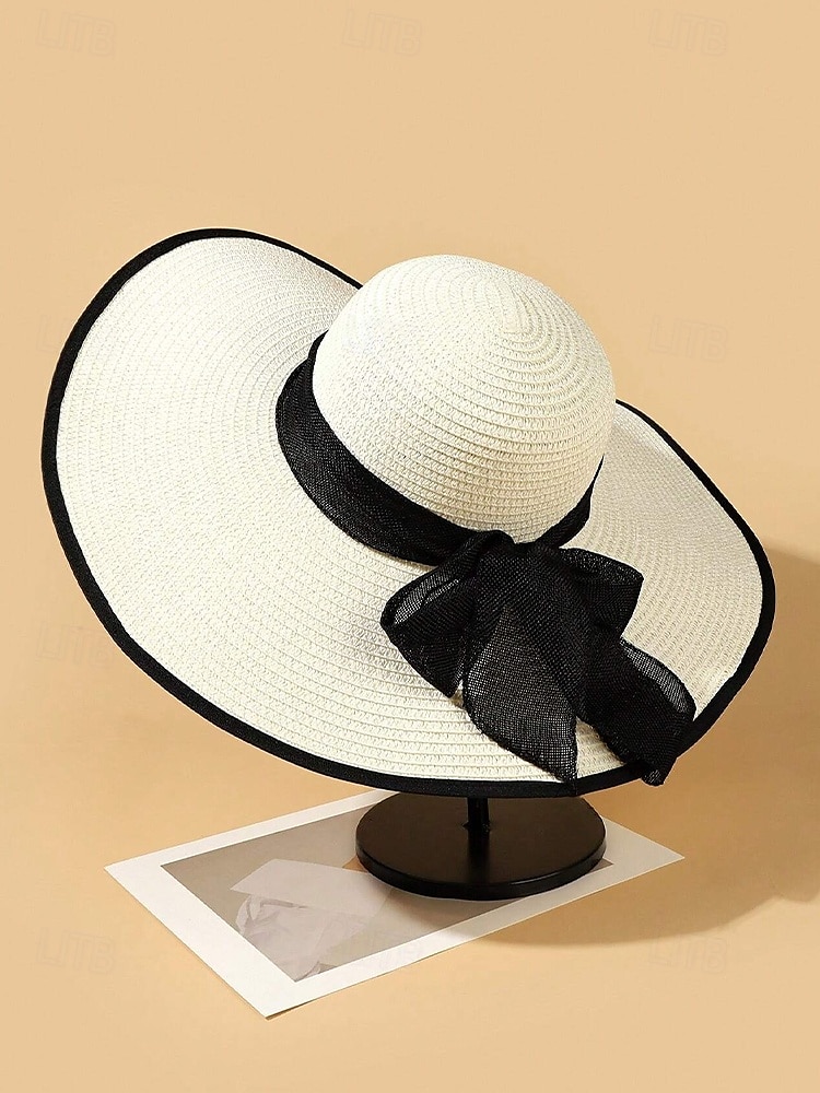 elegant solhatt med bred brätte för kvinnor – sommarhatt i stråhatt med svart rosett, UV-skydd, hopfällbar floppy hatt för semester, trädgårdsfester och utomhusresor 2025 - $14.99 –P5
