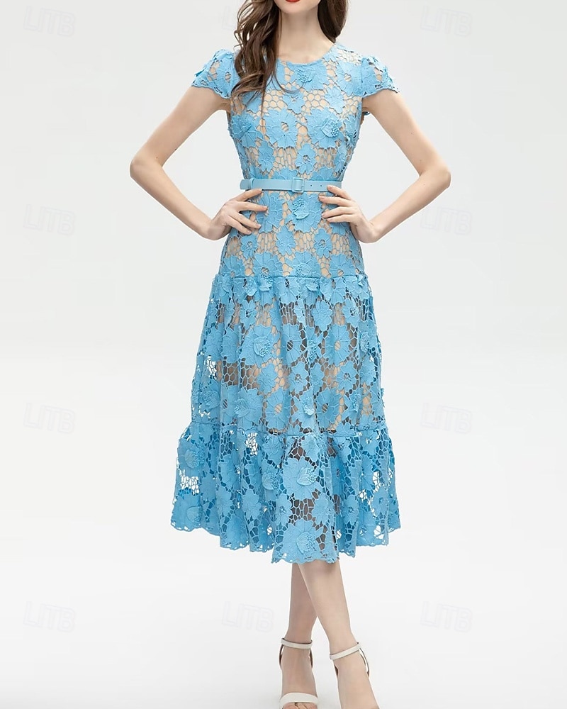 A-Line Cocktail Dresses Elegant Dress Wedding Guest Holiday Tea Length Short Sleeve Crew Neck Lace with Floral Lace 2025 - $159.99 –P3