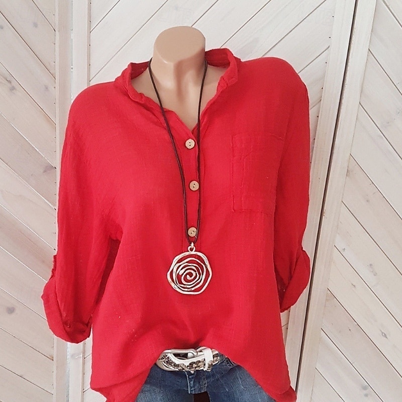 Women's Shirt Blouse Cotton Linen Shirts Plain Basic Modern Long Sleeve V Neck Regular Tops Daily Holiday Buttons Pocket White Pink Red Khaki Summer 2025 - $22.99 –P3