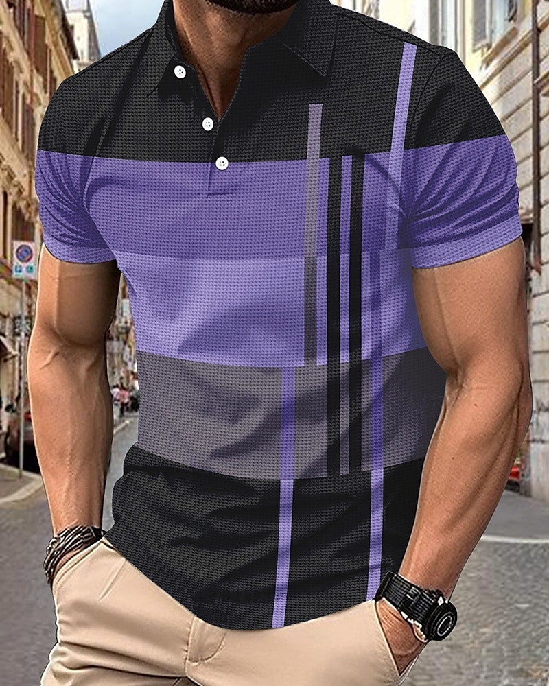 Herr Golftröja Golf pikétröjor Arbete Ledigt Kavajslag Kortärmad Grundläggande Modern Rand Lappverk Knappar Sommar Normal Rosa + Orange Mörkrosa Blå Purpur Orange Grön Golftröja 2025 - GBP £18 –P12