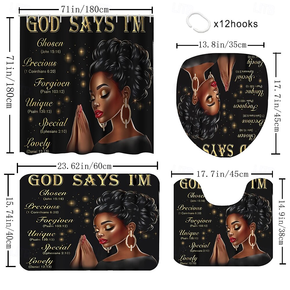 4-delt baderomssett vanntett polyester dusjforheng med 12 kroker sklisikre toalettseteomslag og holdbar bade matte moderne design av afroamerikanske kvinner hjemmedekorasjon 2025 - $31.99 –P2