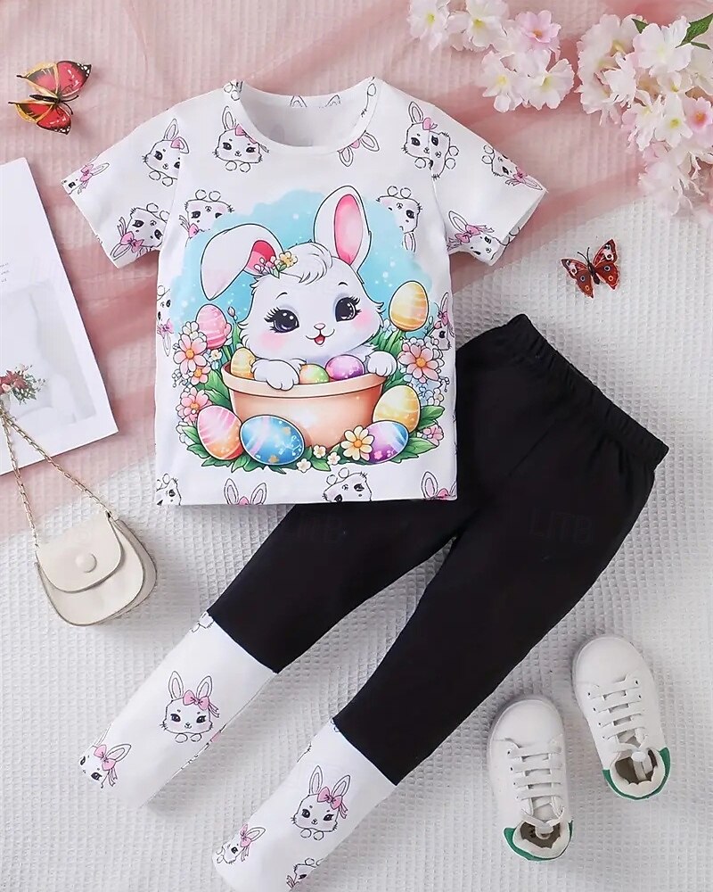 Påsk Flickor 3D Grafisk Kanin Pyjamasset T-shirts och byxor Pyjamasset Kortärmad 3D-tryck Sommar Vår Aktiv Grundläggande Barn 4 år + Rund hals Hem Dagligen Normal 2025 - $17.99 –P1