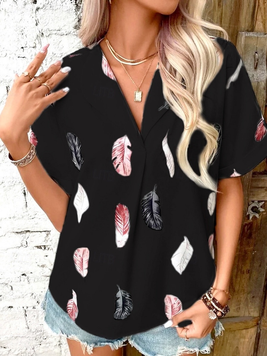 Women's Shirt Feather Stylish Casual Short Sleeve Shirt Collar Regular Tops Daily Buttons Print Black White Pink Wine Blue Summer Spring 2025 - $19.99 –P8