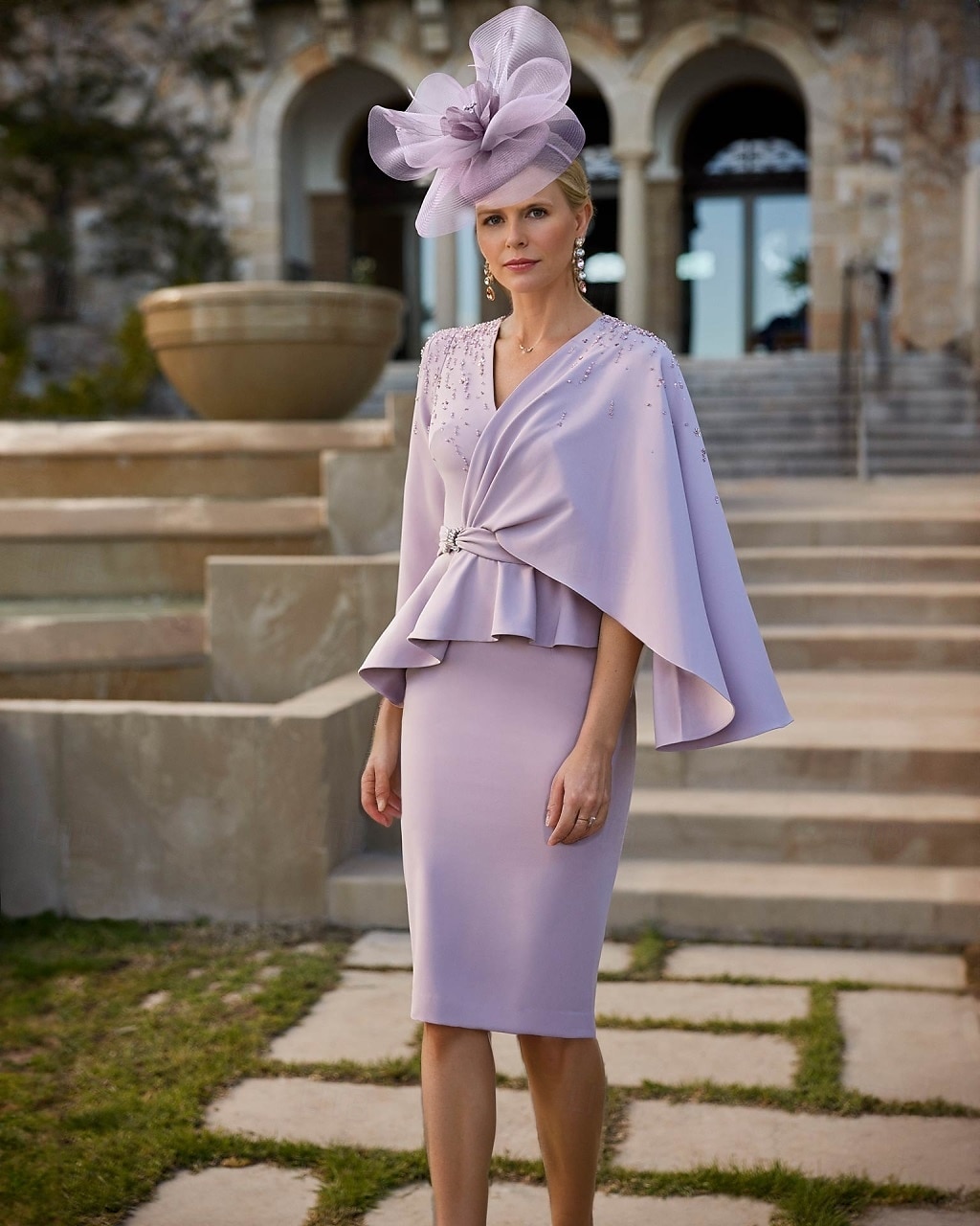 Lavendel Beaded Kolom Moeder van de Bruid Jurk Elegant Vintage V-Hals Theelepel Lengte Rekbare Stof Halve Mouw met Kant Beading Tier 2025 - $148.99 –P1