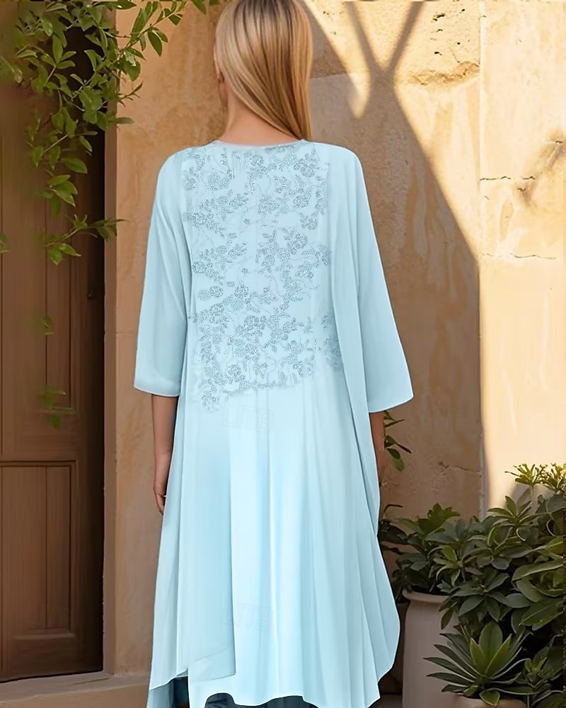 Zweiteilig A-Linie Brautmutterkleid Elegant Minimalistisch Glanz & Glamour Rundhalsausschnitt Knielang Chiffon Spitze Halbarm Mit Schal Jackenkleider mit Perlenstickerei Rüschen Applikationen 2025 2025 - $149.99 –P3