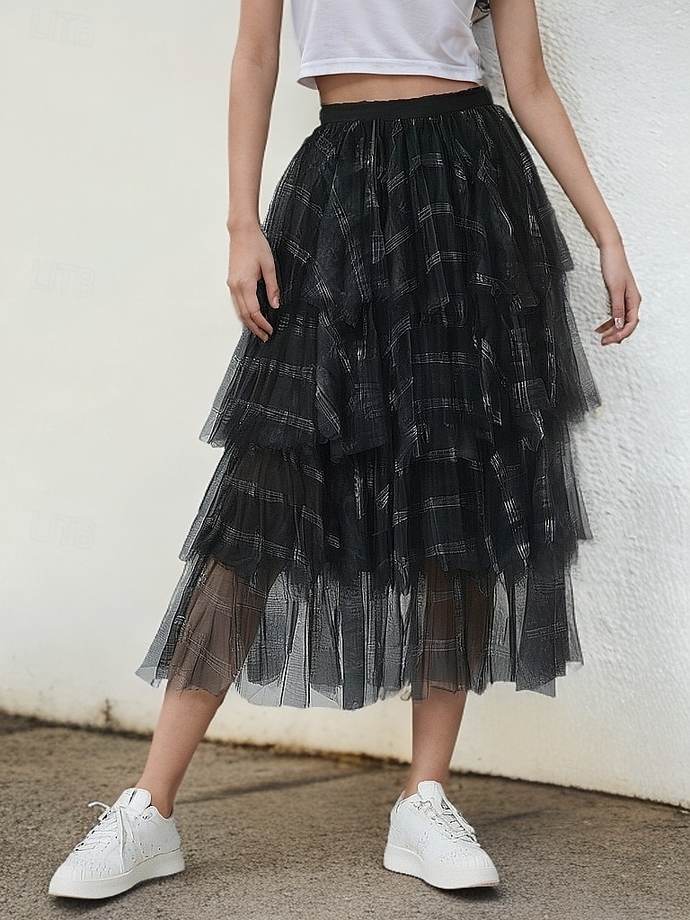 Mujer Talla Asiática Falda a cuadros Faldas de gasa Moda Estilo lindo Midi Alta cintura Faldas Cuadros A Cuadros Plisado Retazos Multi capa Microelástico Festivos Casual Diario Negro Azul Piscina 2025 - $23.99 –P1