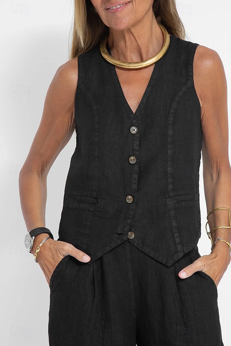 Women's Active Basic Linen-Inspired Sets Two Piece Sets Blouse Sleeveless V Neck Solid Color Dubbele Rij Knopen Vacation Casual Daily Black White Wine Summer Regular Fit 2025 - $26.99 –P11