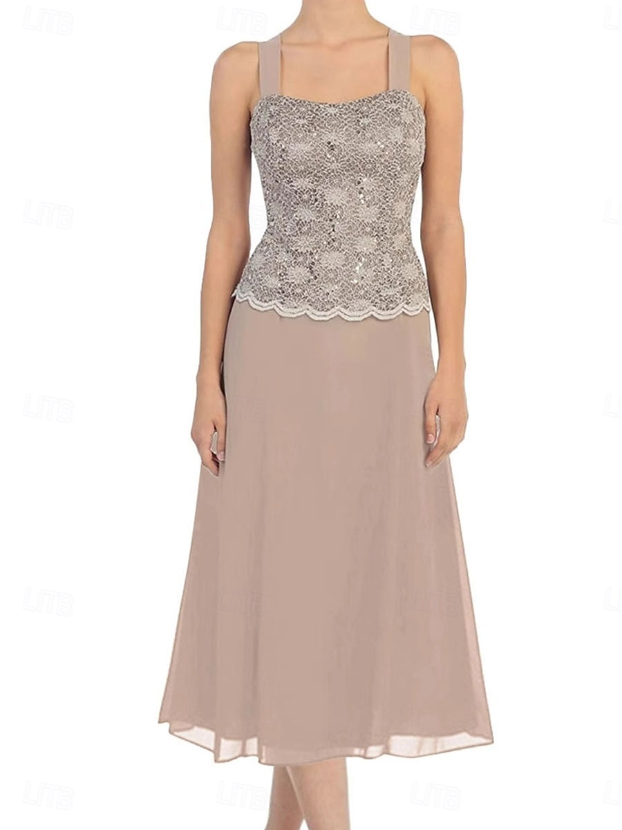 Ensembles de Robes Robe de Mère de Mariée  Élégant Simple Une Épaule Longueur thé Polyester manche longue avec Dentelle Couleur Unie 2025 de 2025 ? $101.99 –P4