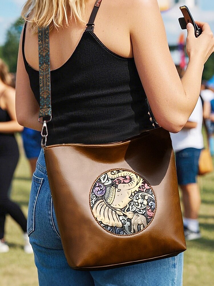 Women's Vintage Elephant Embossed Shoulder Bag – Boho Faux Leather Crossbody Purse with Adjustable Strap, Casual Travel & Everyday Handbag 2025 - $18.99 –P1