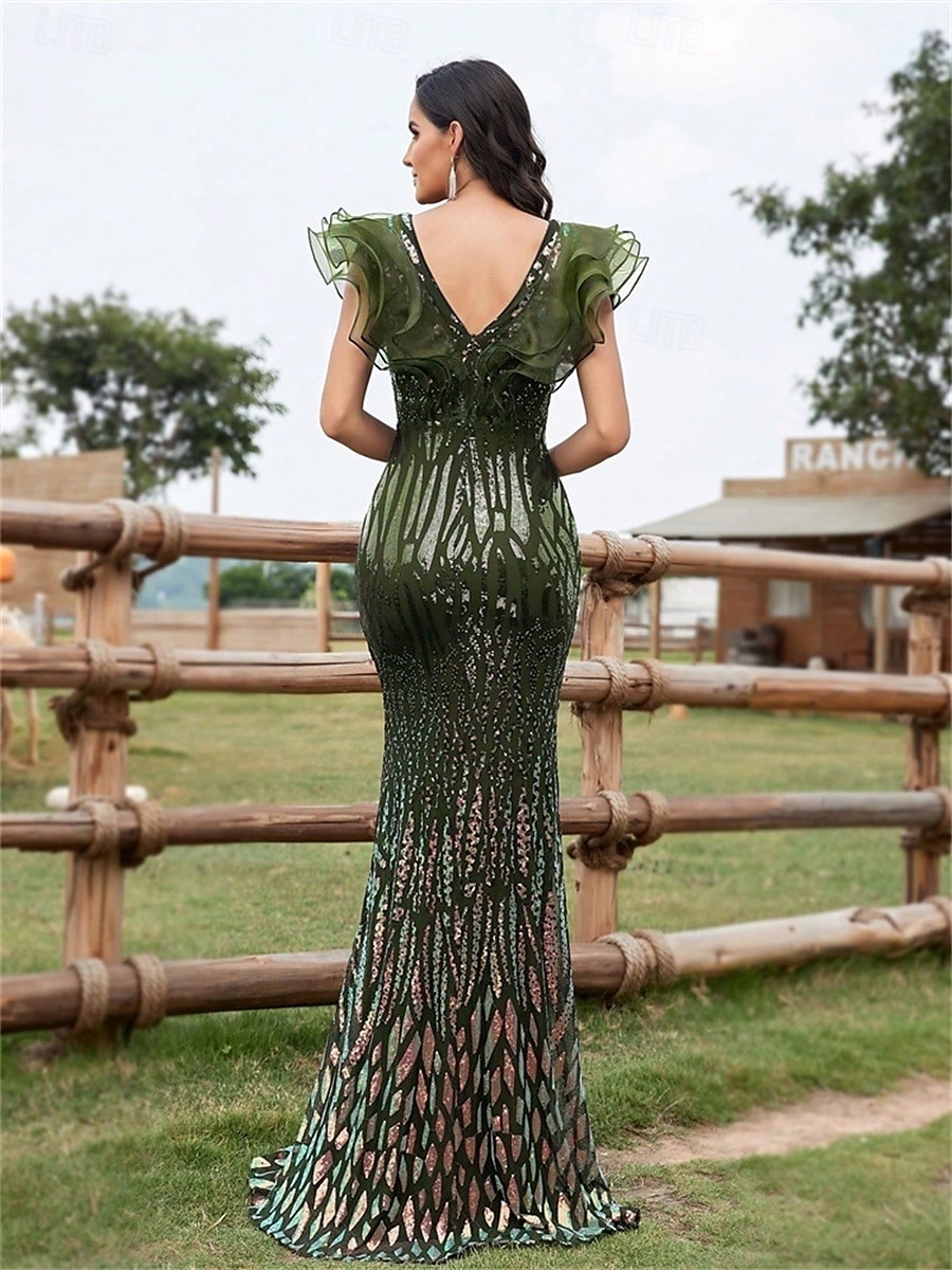 Robe de Quinceanera Sirène  Trompette Élégante Robe Mariage Mariée Invitée Longueur de Sol Sans Manches Col en V Spandex avec Sequins de 2025 ? $118.99 –P12
