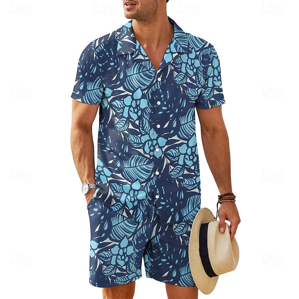 Men's Floral 2pcs Shirts Sets Shirt Short Sleeve Short Pants Cuban Collar Vacation Casual Daily Vacation Wear 3D Print Summer Robin's Egg Blue Green Brown 2025 - $32.99 –P3