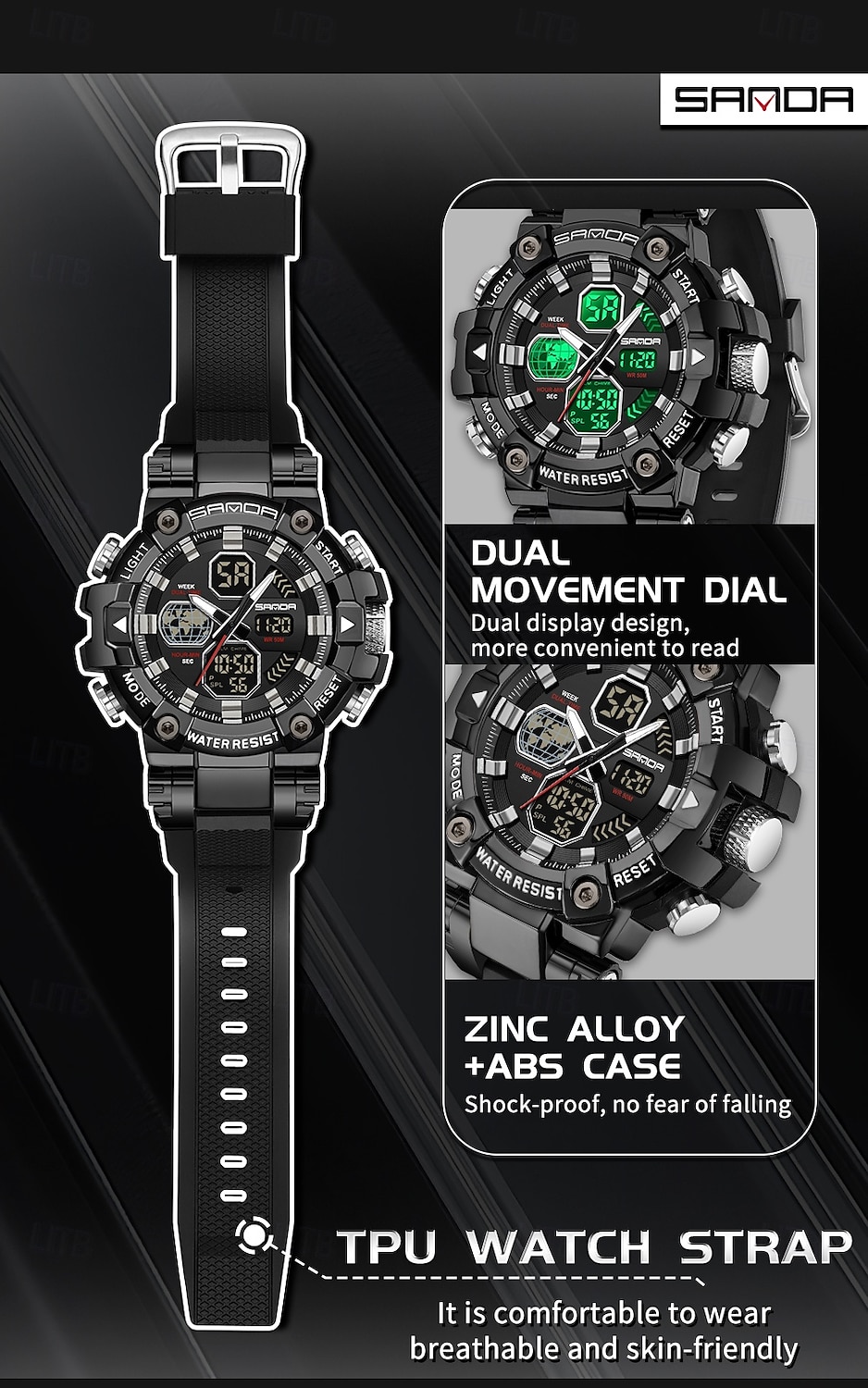 SANDA Men Digital Watch Large Dial Outdoor Sports Fashion Luminous Alarm Clock Calendar Chronograph Silicone Watch 2026 - $38.99 –P18