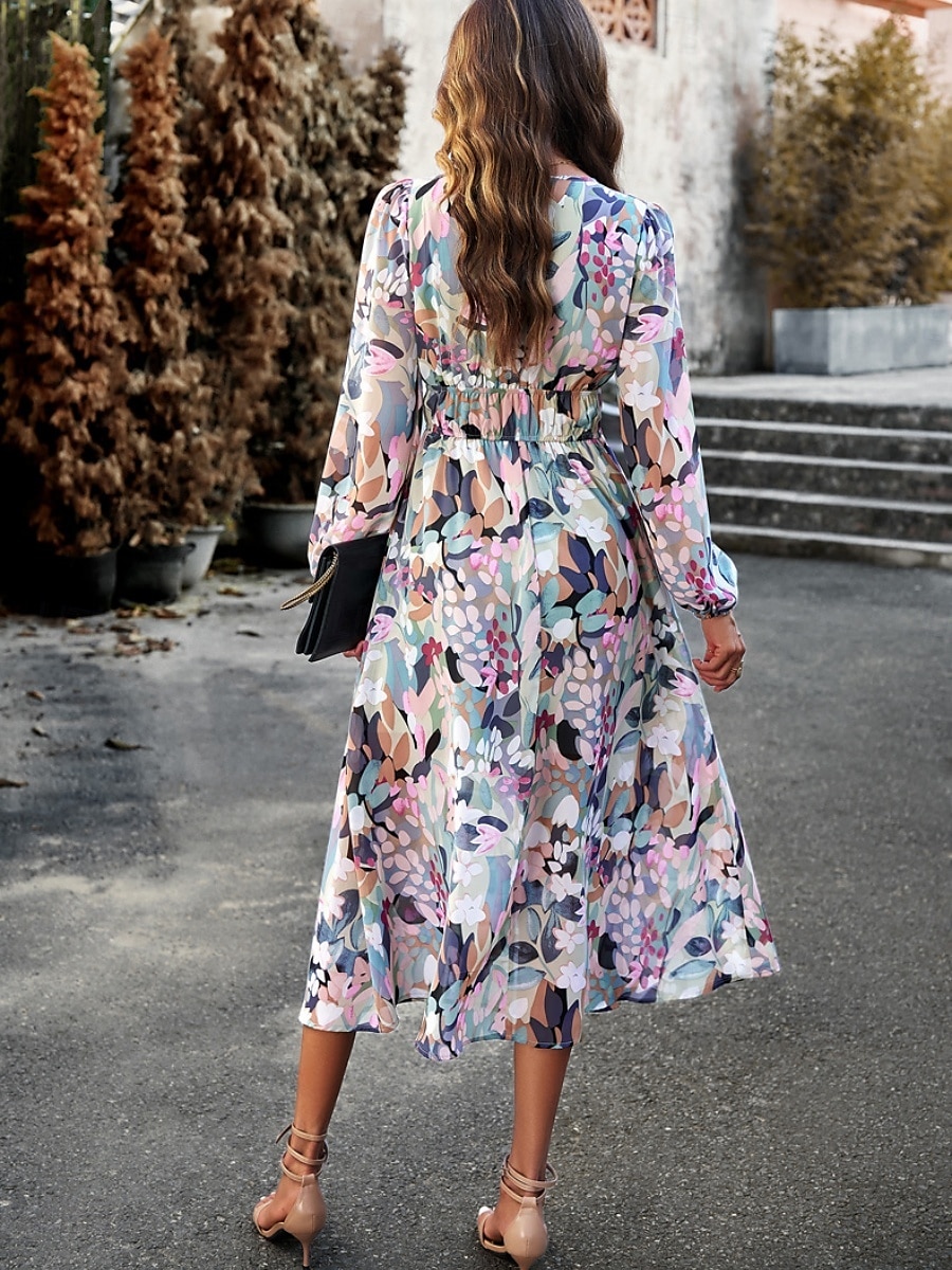 Women's Midi Dress A Line Dress Fit And Flare Dress Puff Sleeve Dress Vacation Casual Vacation Daily Regular Fit Graphic Long Sleeve V Neck Red Blue Green Apricot Summer 2025 - $46.99 –P21