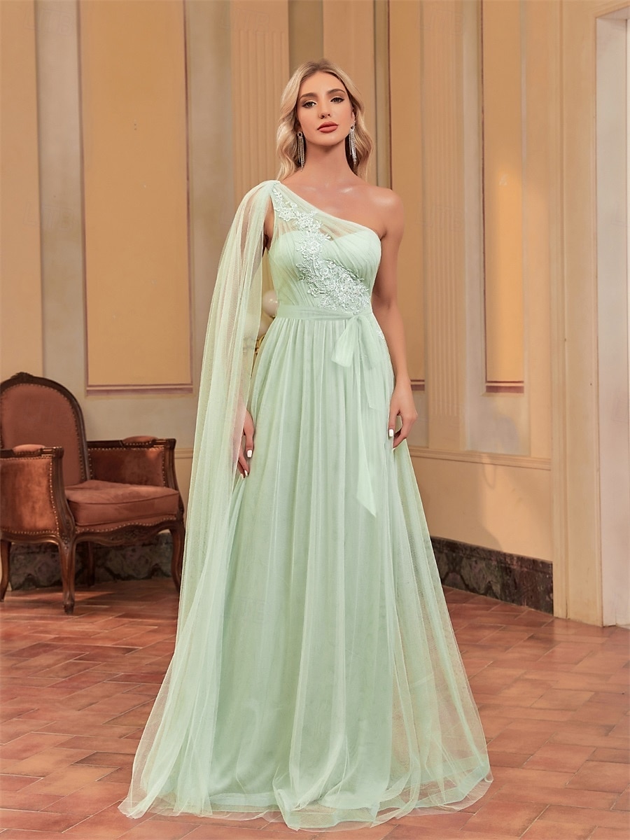 Sukienki A-line na quinceanera elegancka sukienka weselna dla gości długości do ziemi bez rękawów jedno ramię szyfonowa z aplikacjami 2025 - $113.99 –P1