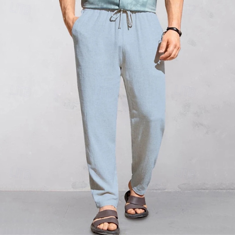 Men's Linen Pants Trousers Summer Pants Beach Pants Pocket Drawstring Elastic Waist Plain Comfort Breathable Vacation Daily Holiday Hawaiian Boho Black White 2025 - $19.99 –P7